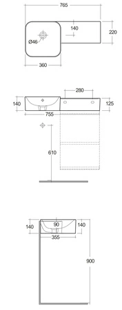 PETIT Umywalka podwiesz. kwadrat blat P 77x36cm z otworem