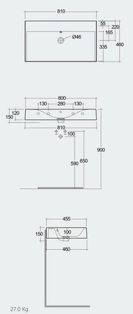 DES UMYWALKA PODWIESZ.NABLAT.81X46CM BEZ OTWORU szary mat