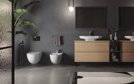 Zestaw DES Miska WC podwieszana z deską W/O i Umywalką Nablatową 70X35CM Biały Połysk