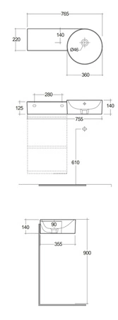 Petit Umywalka podwieszana okrąg z blatem z lewej 77x36 cm z otworem na baterię