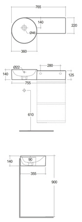 PETIT Umywalka podwiesz. okrąg blat P 77x36 cm z otworem