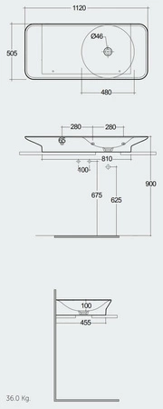 VALET Umywalka podwieszana & nablatowa 112x50,5 cm blat L biały mat