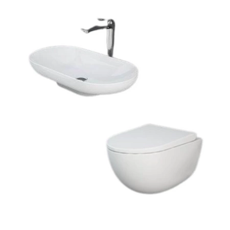 Zestaw DES Miska WC podwieszana z deską W/O i Umywalką Nablatową 70X35CM Biały Połysk