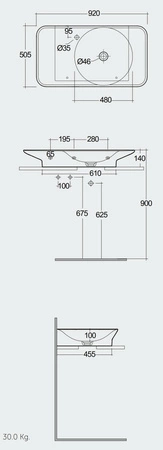 VALET Umywalka podwieszana & nablatowa 92x50,5 cm blat L z otworem na baterię biały mat