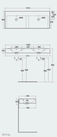 DES Umywalka podwiesz.nablat121x46cm bez otworów biały mat