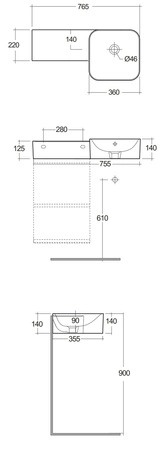 Petit Umywalka podwieszana kwadrat z blatem z lewej 77x36 cm z otworem na baterię